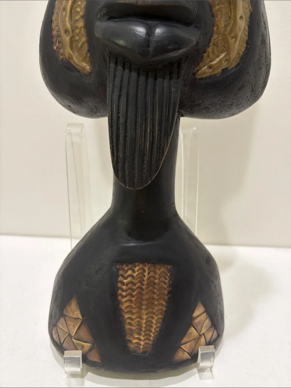 Hand-Carved Black and Brass Tribal Mask from Ghana